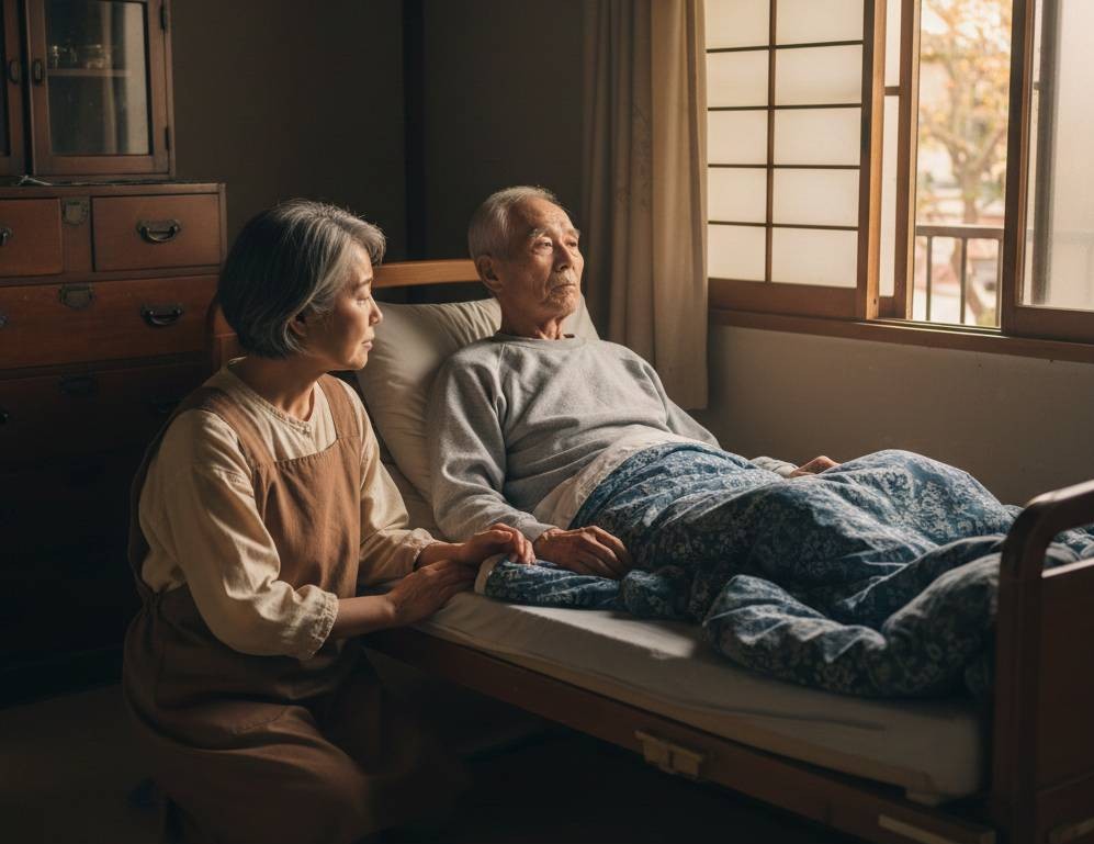 ご自宅の介護ベットの上で、男性高齢者が上体を起こし苦しんでいる表情、傍らで高齢女性が寄り添っている老々介護現場写真です。