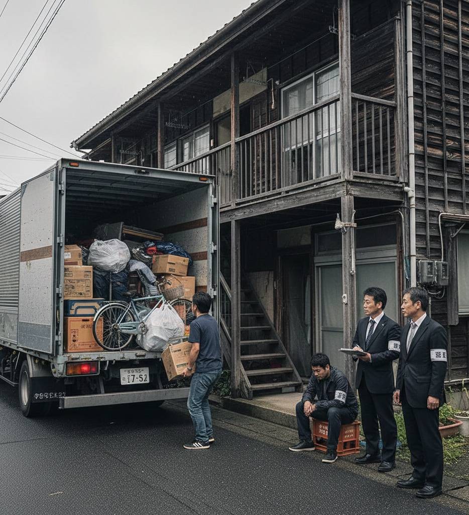 民間アパートで家賃を滞納した入居者が、裁判所の強制執行命令を受け、強制退去の為荷物を運び出されているイメージ画像です。