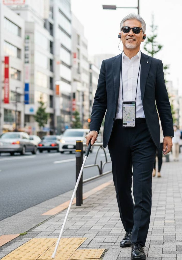 都会の歩道を長身のスーツを着た男性が、白杖を使いながら胸元のスマートフォンに誘導され、目的地に向かっている画像です。