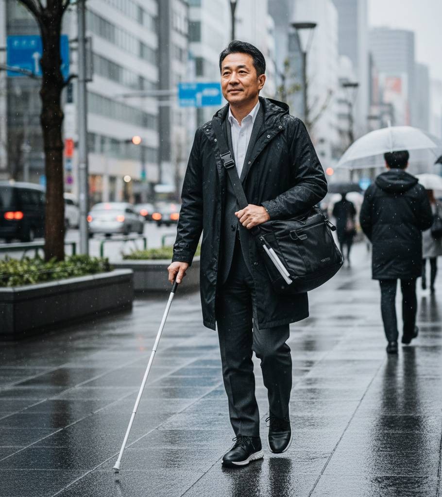小雨が降る中、白杖使用の男性が撥水加工されたビジネスコート、メッセンジャーバック、ビジネスシューズを着用して正面を向いて歩いているイメージ画像です。