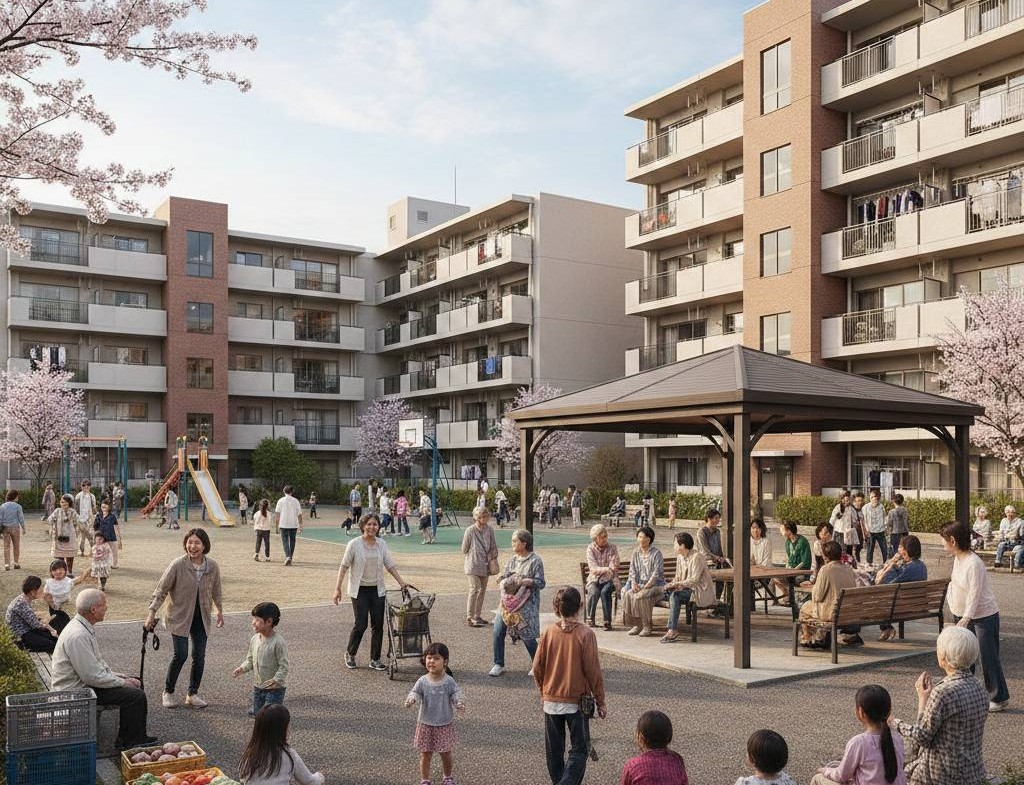 千葉県東葛地域の公営団地で、様々な入居者が笑顔で暮らしている画像です。