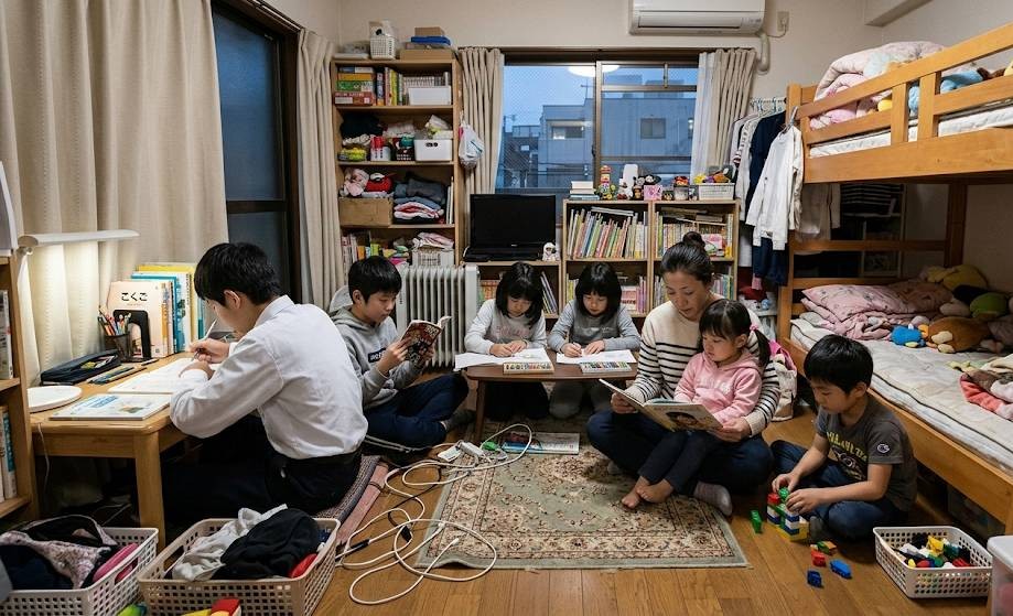 DV被害者であるお母さんと、幼児から中学生までのお子様6人が、狭いワンルームの部屋に避難している画像です。