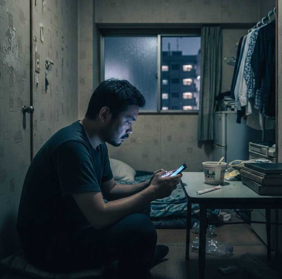 賃貸住宅で35歳の男性が貧困に苦しみ、スマホを見ながら格安のカップラーメンを食べている画像です。