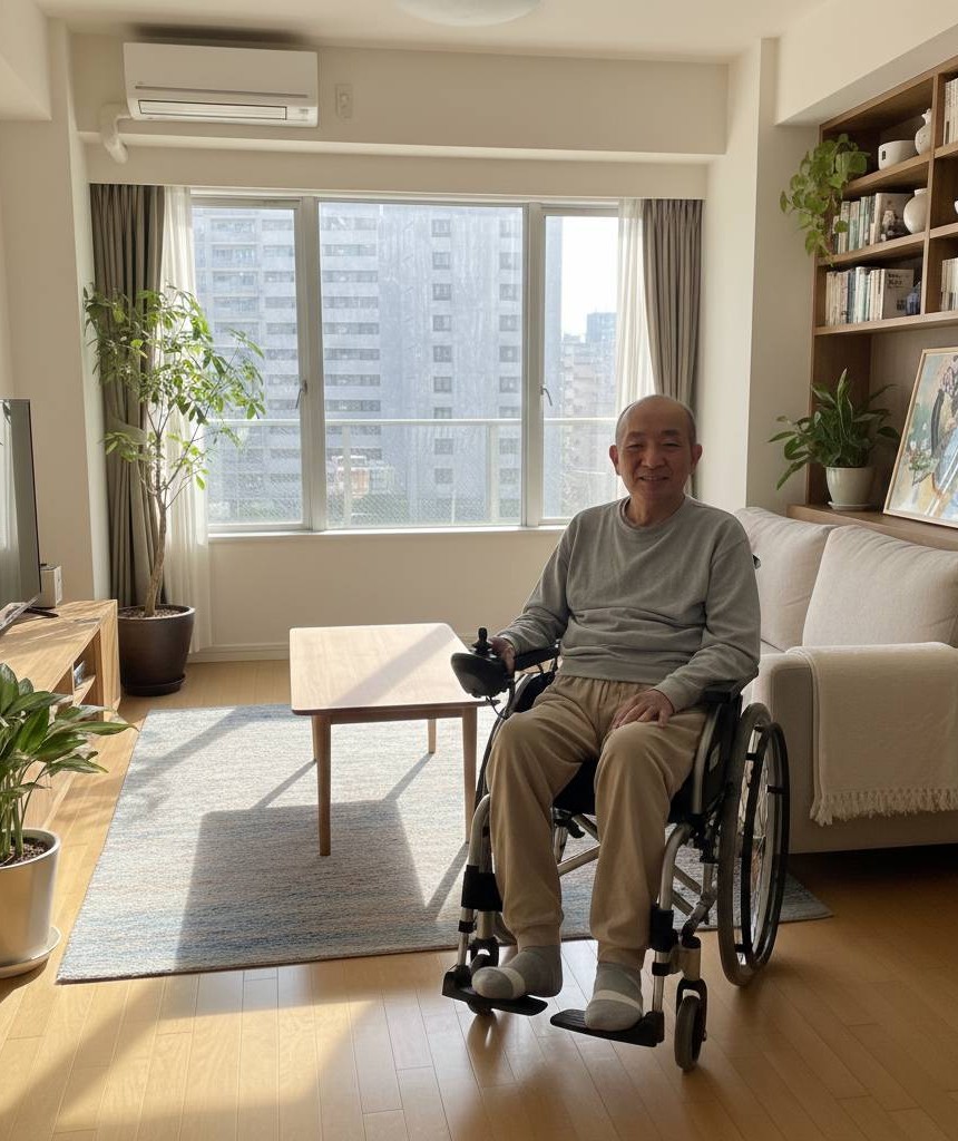 難病患者、高齢男性、賃貸住宅、一人暮らし、車椅子生活のイメージ画像です。