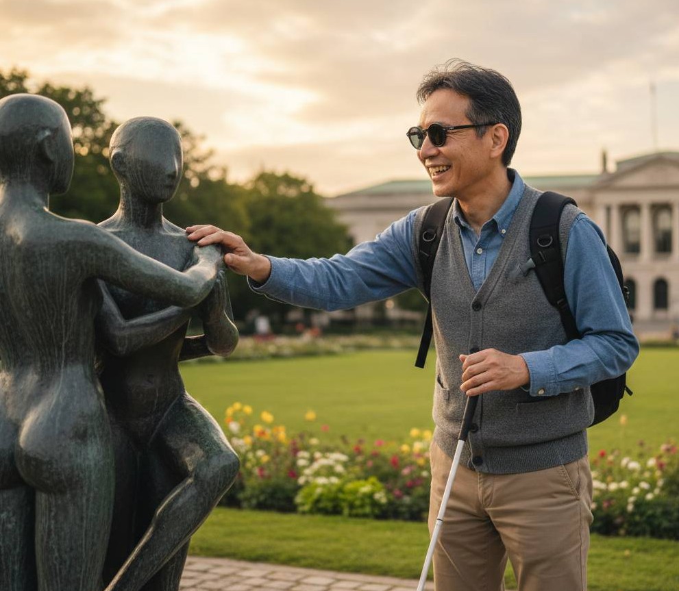視覚障害者の男性が白杖を持ち、美術館外にある彫刻の作品に手を触れながら、鑑賞しているイメージ画像です。