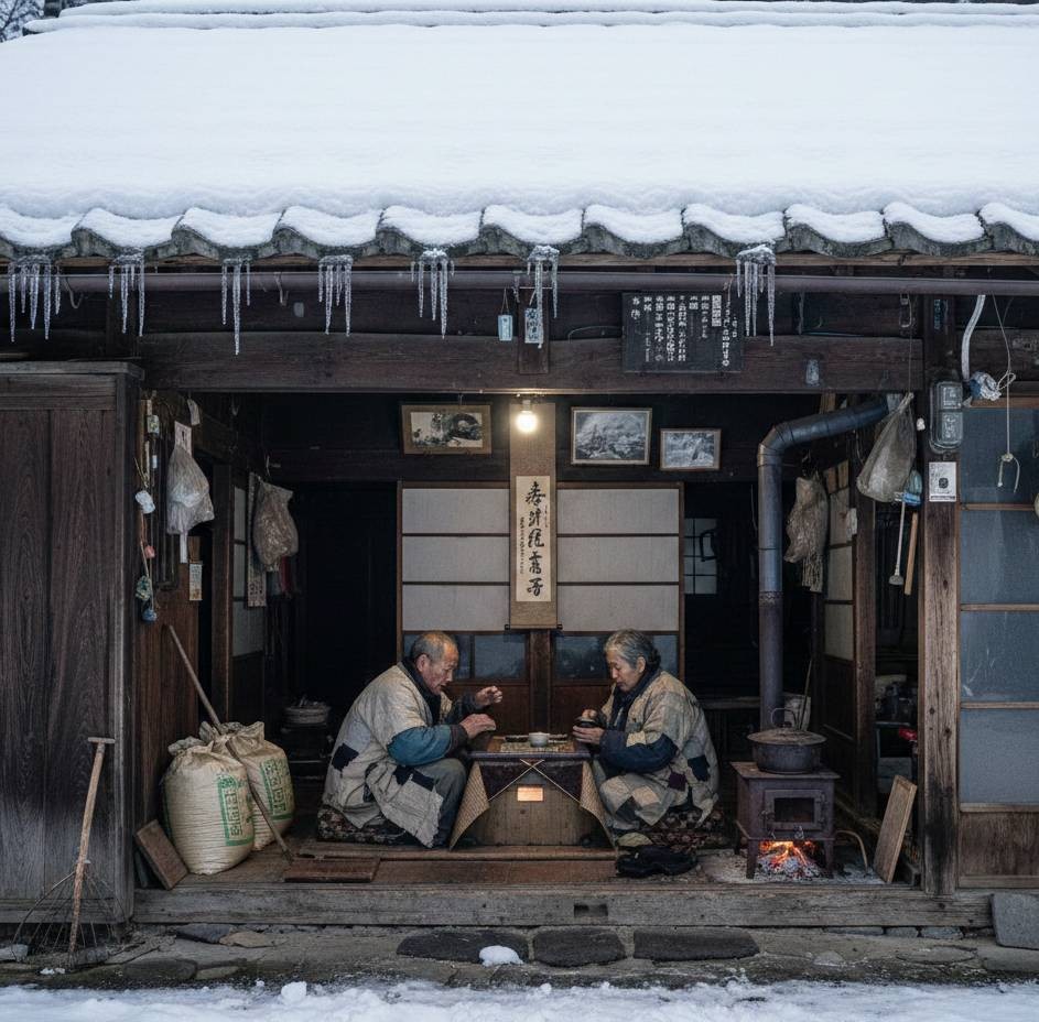 長野県の山間部にある過疎化したエリアの古民家で暮らす、高齢者夫婦の画像です。