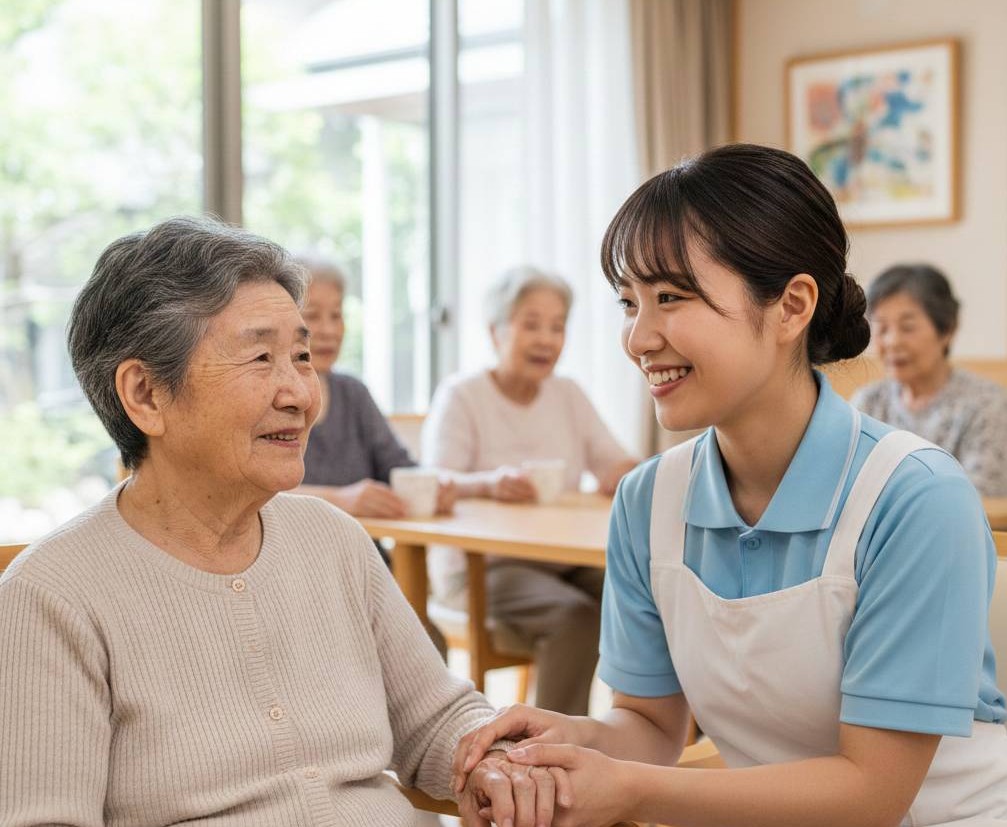 高齢女性をアジア人が介護している画像です。