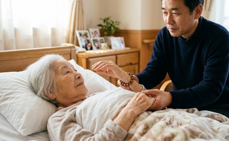 90歳高齢者女性終末期において、延命治療を拒否。尊厳ある自然死を選択し、家族に見守られ最後の時間を大切に過ごすイメージ画像です。