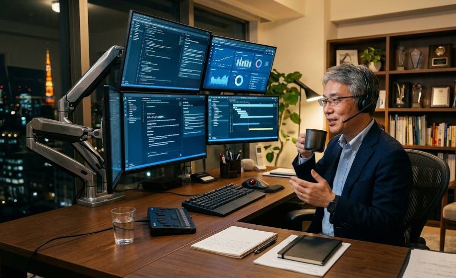 AIエージェントによる自立型経営のクラウドコードを活用した経営をしている、視覚障害者社長のデスク・タスク業務イメージ写真です。
