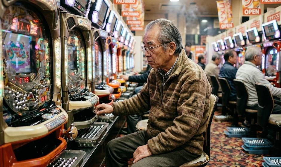 年金を消滅させる高齢者のパチンコ依存症。高齢男性がパチンコをしている画像です。