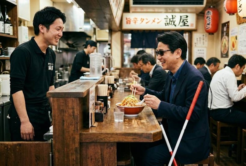 日本のラーメン屋さんのカウンター席で、賑わいながらラーメンを食べているイメージ画像です。