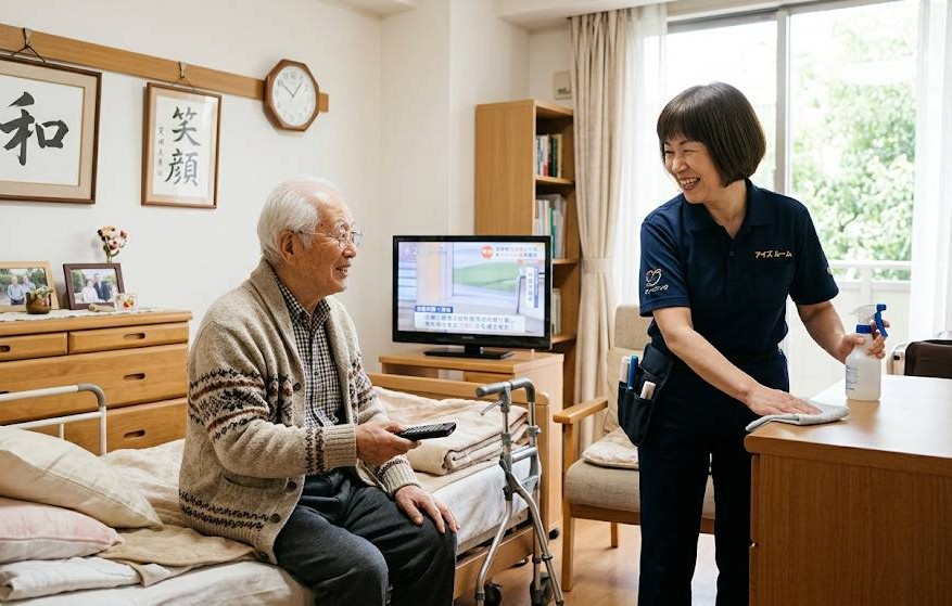 老人ホームで65歳の女性清掃員が、入所者の高齢男性と楽しそうに会話をしながら、室内を清掃している画像です。