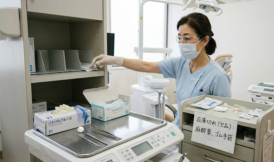 医療崩壊、中東情勢緊迫化により歯科医院の医療品在庫棚が欠品し、困っている歯科衛生士の画像です。