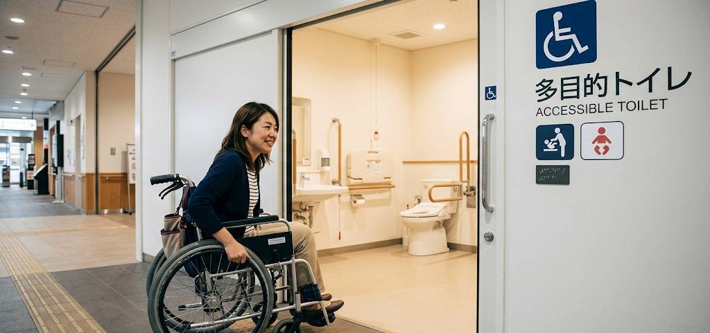 車椅子30代女性が多目的トイレを利用するために、扉を開けてまさに入ろうとしている笑顔の写真イメージです。