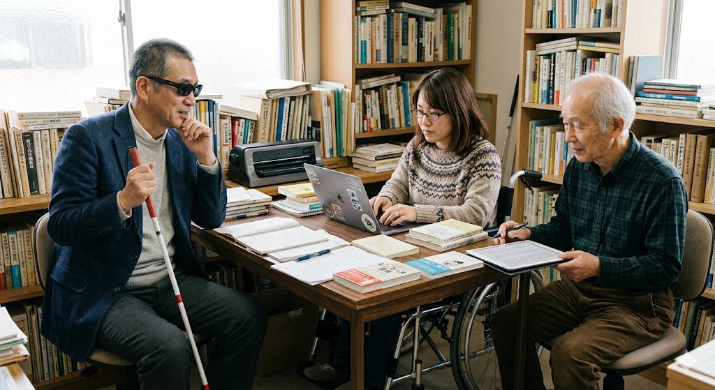 視覚障害者が作成したブログについて著作化するために、車椅子の女性と後期高齢者男性が文章を編集している写真です。