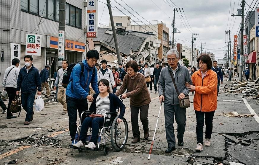 都心部で災害が発生し、木造家屋が倒壊。ビルなども壊れ看板も斜めになっている。アスファルトはひび割れて、足元が悪い中、車椅子の女性や白杖の老人が周りの人のサポートを受けながら、避難をしている画像です。
