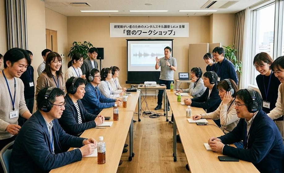 視覚障害者向け、音の世界を感じるイベント。サポートスタッフが周りにいて、視覚障害者がヘッドフォンを付けて様々な音を聴きながら、音の知識を学んでいるイメージ画像です。