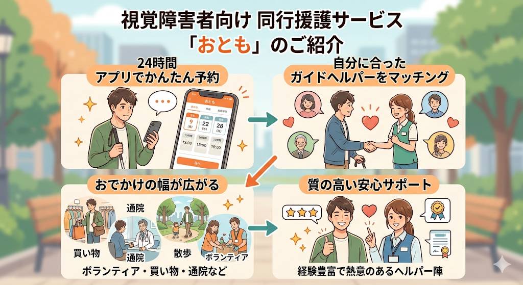 足立区「おとも同行援護サービス」視覚障害者の同行支援サービスの紹介画像です。