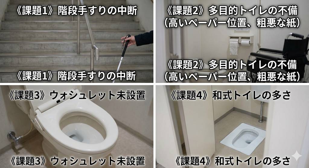 イオン北小金店の老朽化した課題解決を、4分割の画像で指摘するイメージ画像です。