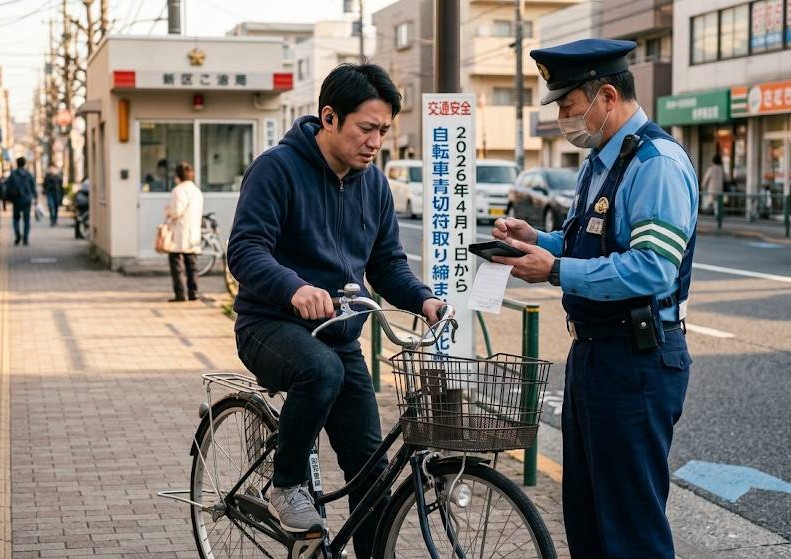 35歳男性が自転車に乗りながら、両耳にワイヤレスイヤホンを付けて走行中に、警察官に捕まり青切符を切られ困惑している写真です。