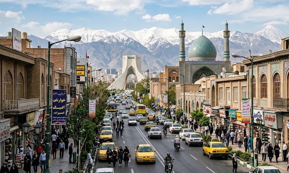 イランの首都や広大な山脈、歴史的な建造物などを描写したイメージ画像です。