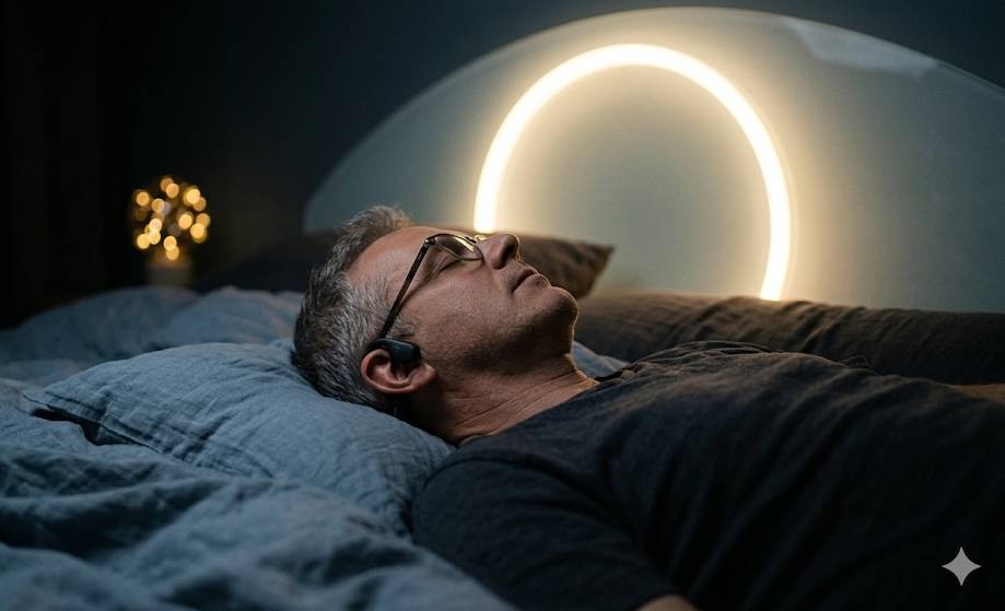 視覚障害者が暗闇の寝室で、uruの楽曲を骨伝導イヤホンで聞いている画像です。