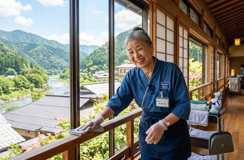 秘境の温泉旅館でシニアの女性が、リゾートバイトにてガラス越しののどかな風景を見ながら、館内を笑顔で清掃しているイメージ画像です。