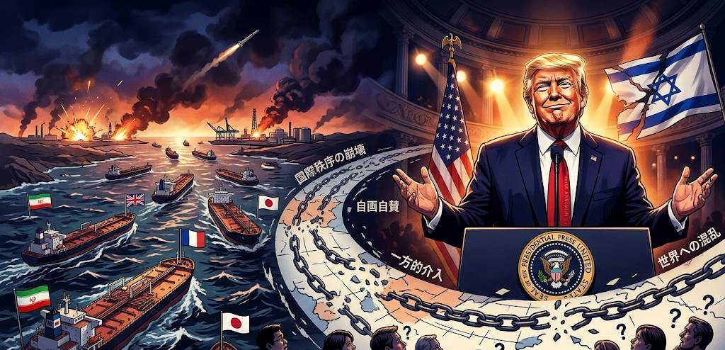 トランプによるイラン攻撃、ホルムズ海峡封鎖世界経済疲弊、トランプの戦略を強く抗議し揶揄する生成イメージ画像です。