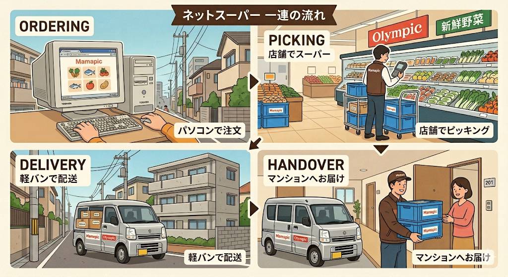 20年以上前の初期ネットスーパーの、受注からピッキング、配送に至る工程イメージ画像です。