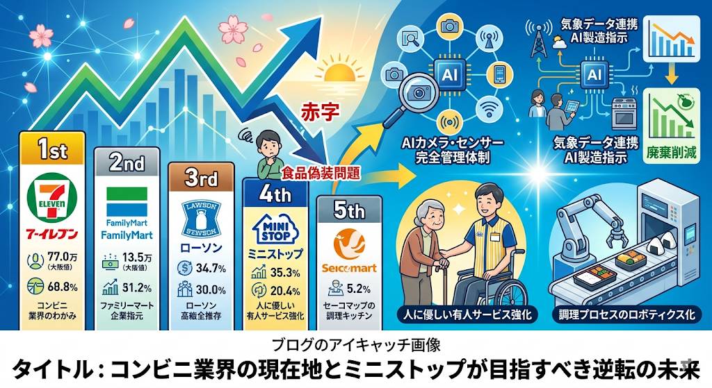 コンビニ業界第4位のミニストップ、3期連続赤字をV字回復させるための提案計画をイメージした画像となっています。