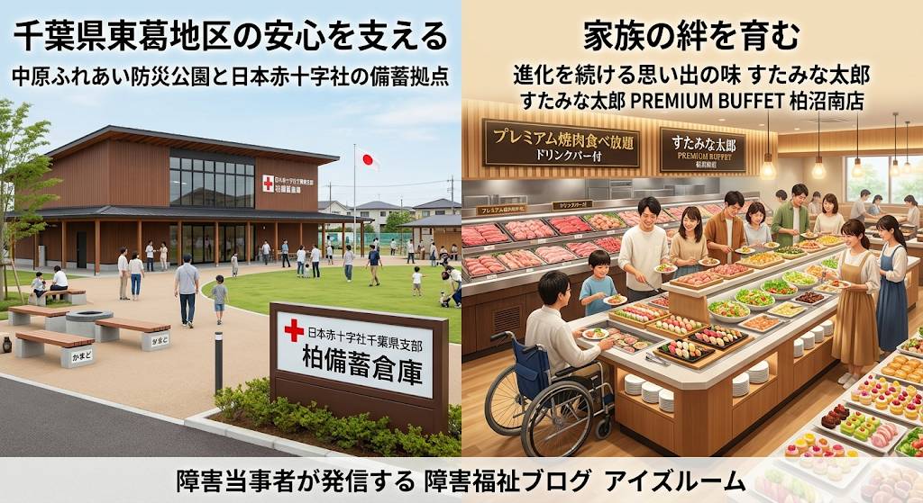 中原ふれあい防災公園の役割と機能を説明した画像と、焼肉食べ放題「すたみな太郎」の店舗紹介画像を、左と右で分割し表現した画像です。