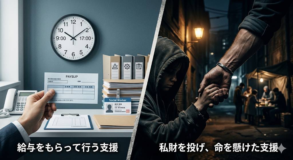 仕事の福祉と社会貢献完全ボランティアとの違いについて、労働に対する対価を受けているかどうかに関して、二分割で分かりやすく示した画像です。