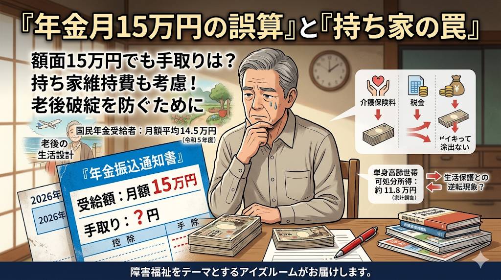 高齢男性65歳、低年金15万円、手取り額は13万円台の現実を示す、イメージ画像です。