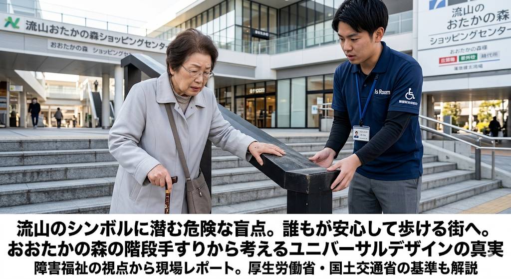 流山おおたかの森ショッピングセンターに設置されている危険な手摺りについて、問題定義をした画像です。