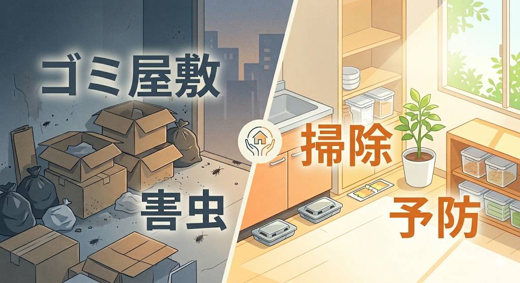 春のゴキブリ大量発生、貧困問題とゴミ屋敷、居住支援の課題解決をイメージした画像です。