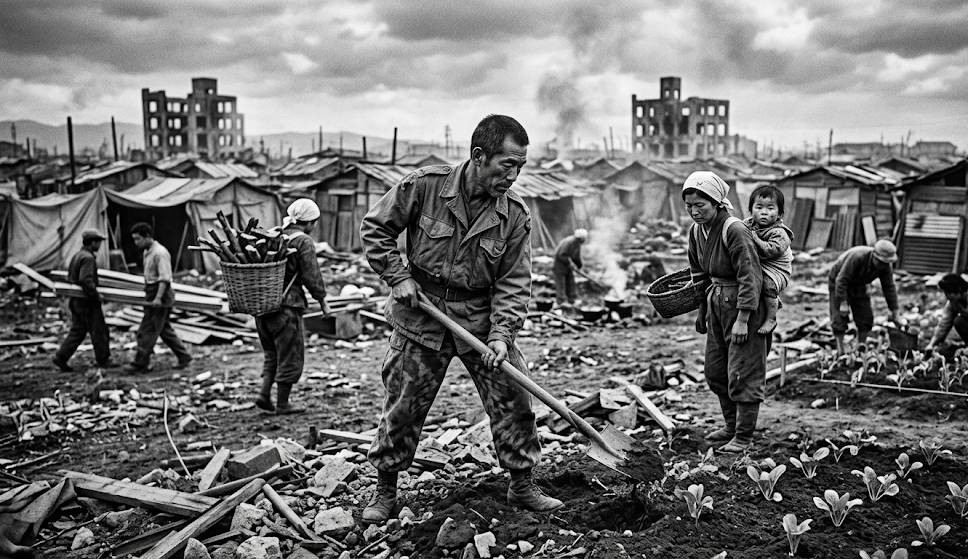 第二次世界大戦敗戦後の東京バラック掘っ立て小屋での復興をイメージした、生活再建イメージ画像です。