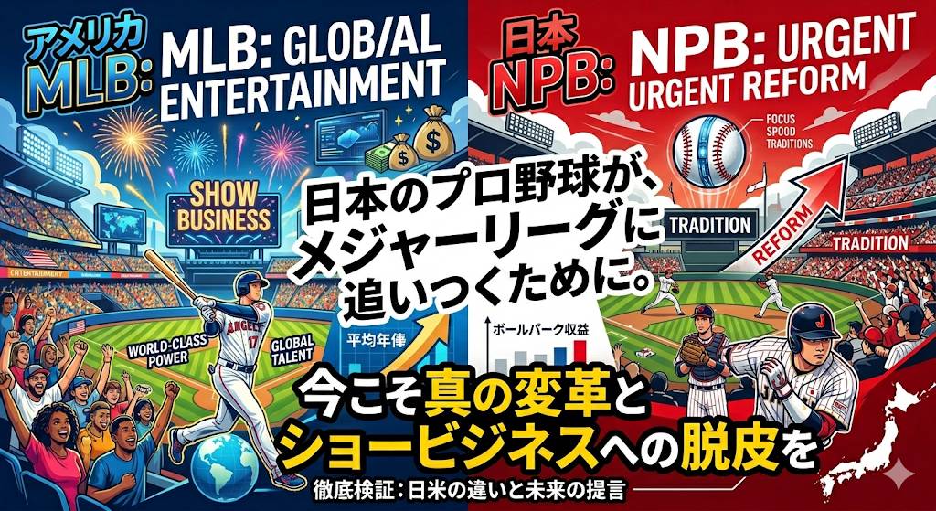 メジャーリーグと日本のプロ野球の比較、日本は改革が必要だと意思を表現したイメージ画像です。