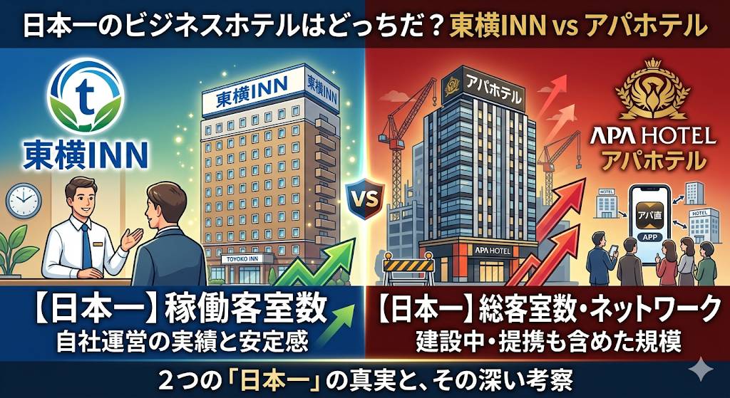 日本一の客室数を明言している、二つの対極のビジネスホテルをイメージした画像です。