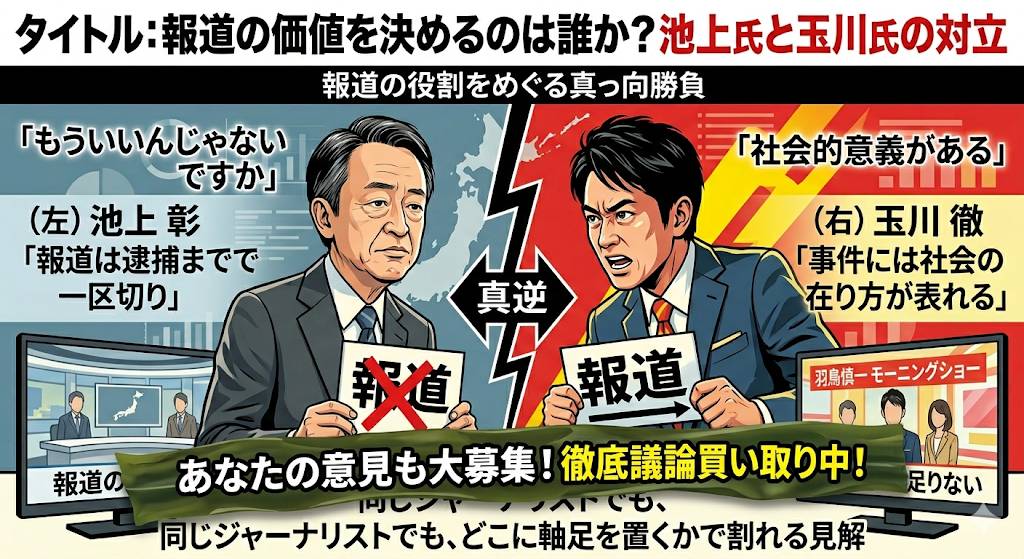 池上氏と玉川氏の、京都南丹市の子供殺害事件に関する報道の対立をイメージした画像です。