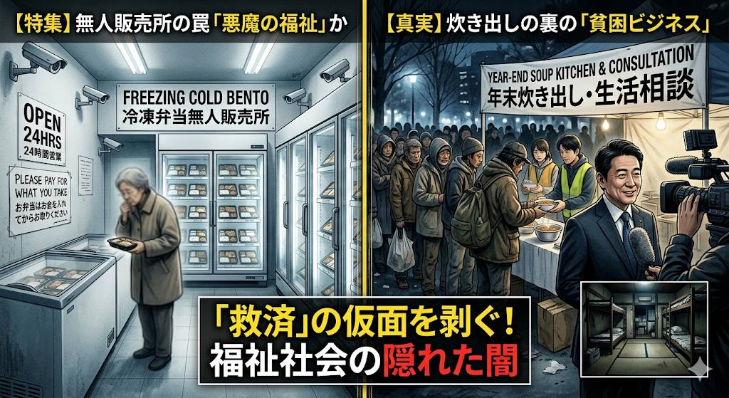 写真の左側は、無人弁当販売所の万引きに関する問題と、写真右側は、公園で炊き出しをしているNPO法人の闇に関する問題。この二つをリアルに描いたイメージ画像です。