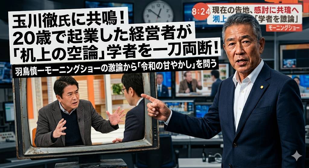 羽鳥慎一モーニングショーでの、玉川氏とゲスト常見陽平教授との激論バトル。机上の空論、学者の暴走に対する私の怒りを画像にした。