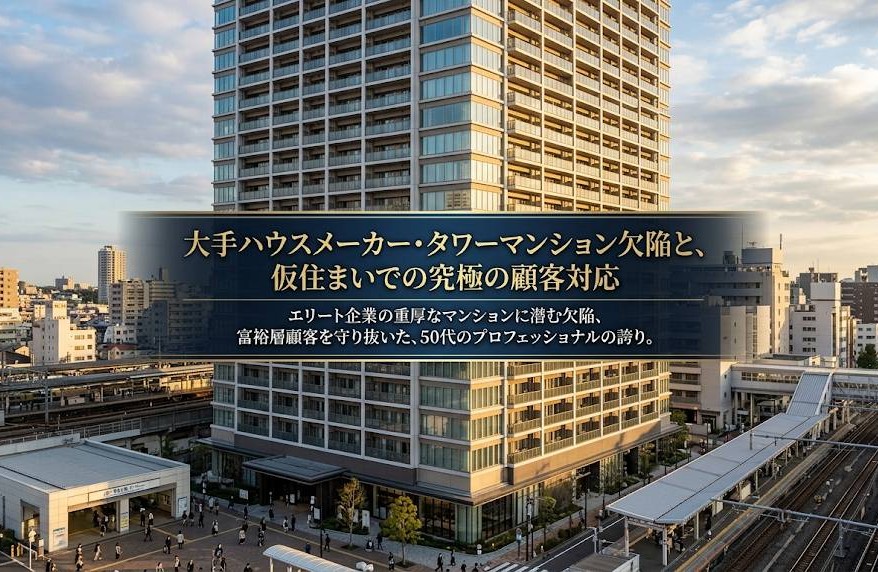 神奈川県駅直結有名ゼネコンが施工したハイクオリティ最高級タワーマンションで発生した、施工不良による全部屋漏水修繕工事の概要をイメージした画像です。