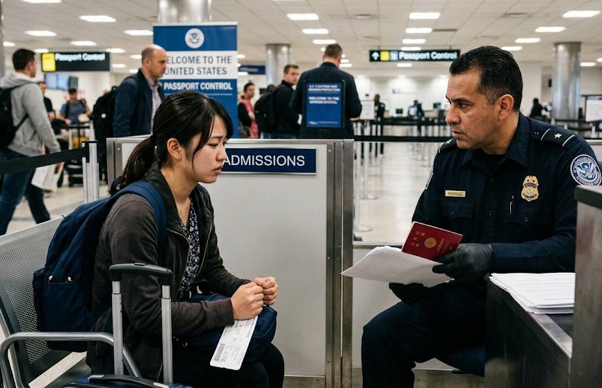 米国へ入国する際、若い女性が出稼ぎ売春と疑われ、厳しい審査を受け困惑しているイメージ画像です。