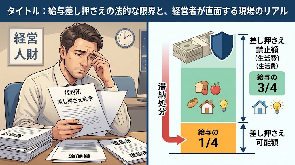 従業員に関する給料差し押さえ令状が裁判所から届き、社長が困惑している画像と、その法律について詳しくまとめたイメージ画像です。