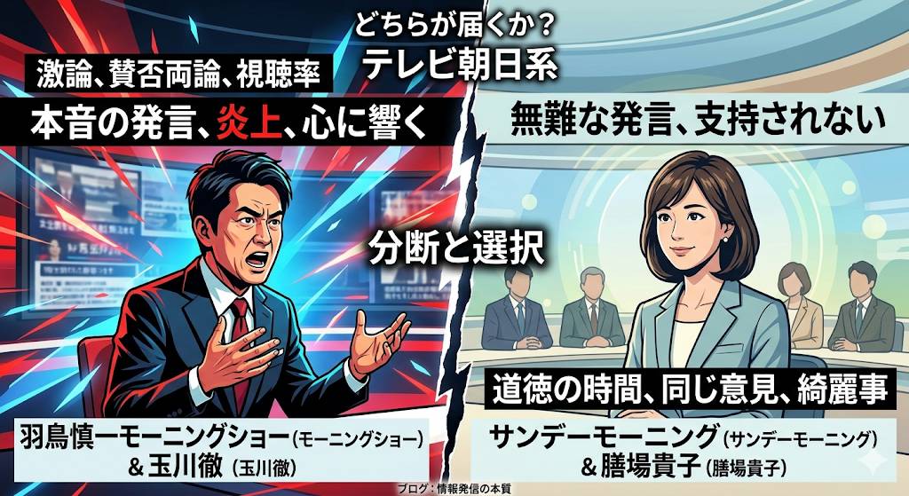 羽鳥慎一モーニングショーとサンデーモーニングの番組制作方法の違いについて指摘した画像です。