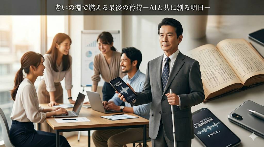 全盲となり老いを感じて、そのハンデをAIを使って克服するイメージ画像です。