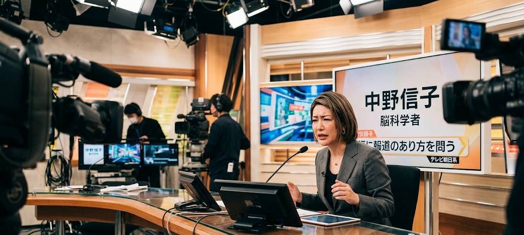 脳科学者のコメンテーター中野信子が、テレビ番組中に京都の事件に対して問題発言をして炎上しているスタジオイメージ画像です。