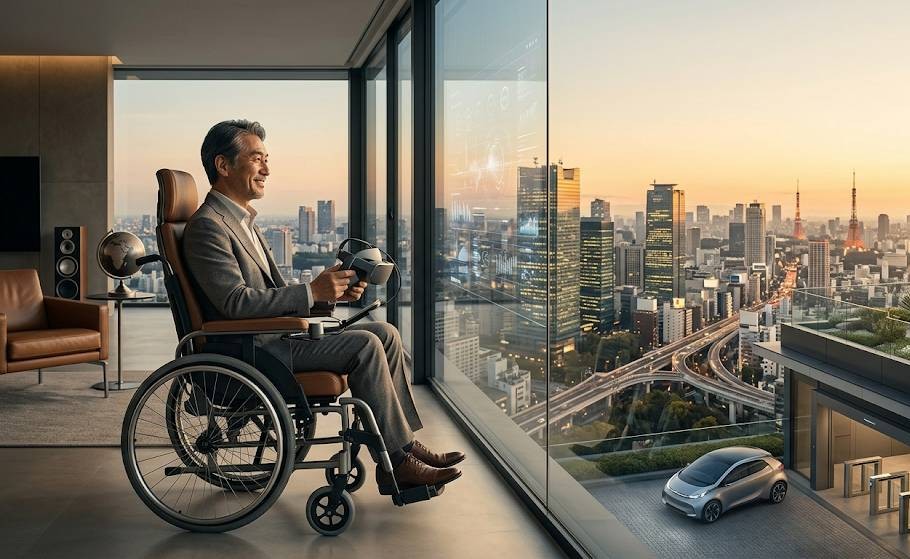 視覚障害者の男性が車椅子に座り、タワーマンションから都心の風景を見下ろしている画像です。