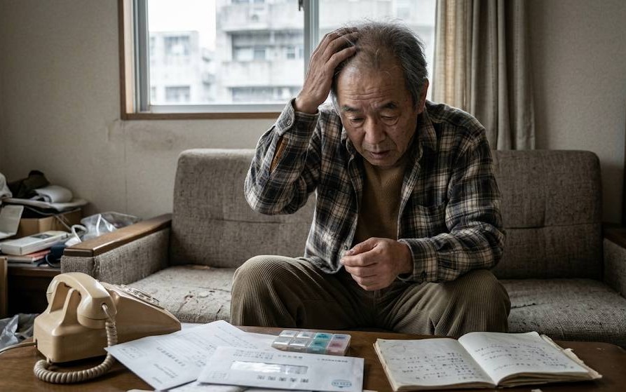 認知症と向き合いながら男性高齢者が、賃貸アパートで試行錯誤しながら単身で暮らしているイメージ画像です。