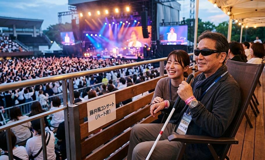 障害者専用エリアのテラス席コンサートチケットを手配して、コンサートを鑑賞しているイメージ画像となります。